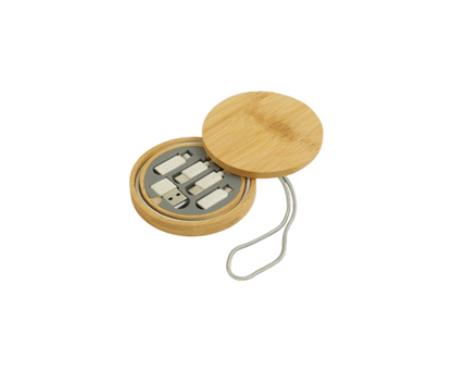 Multi-Charging Cable Set in Round Bamboo Cases